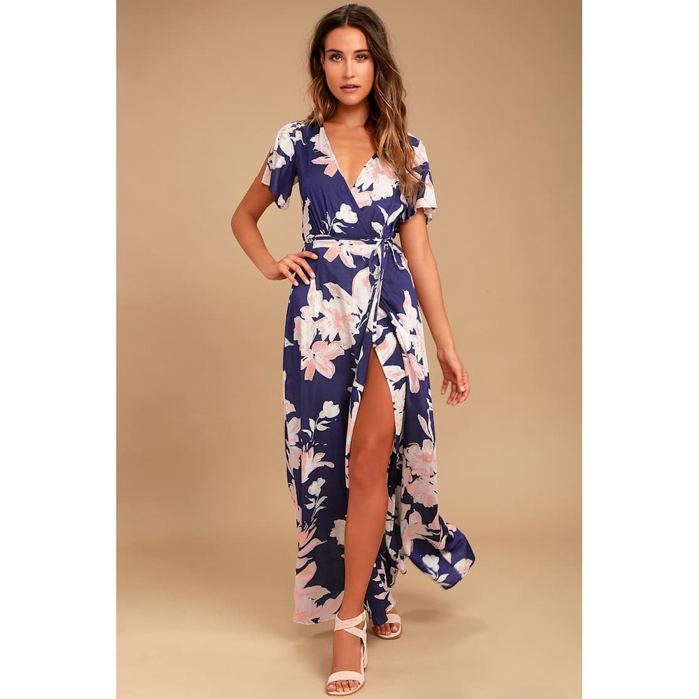 Lulus Azalea Regalia Navy Blue Pink Floral Print Wrap Maxi Dress M